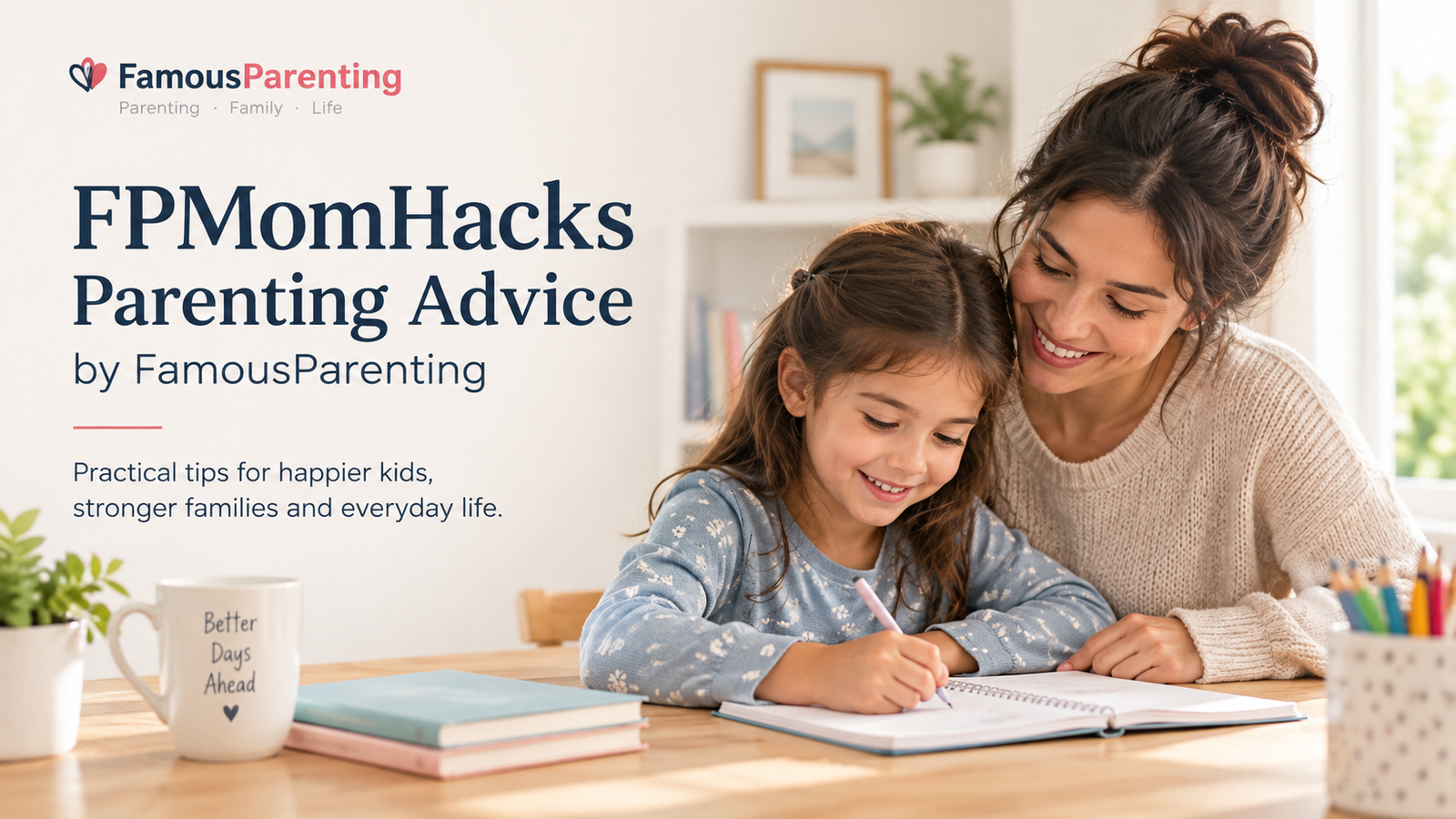 FPMomHacks parenting advice by FamousParenting with a mother helping her daughter