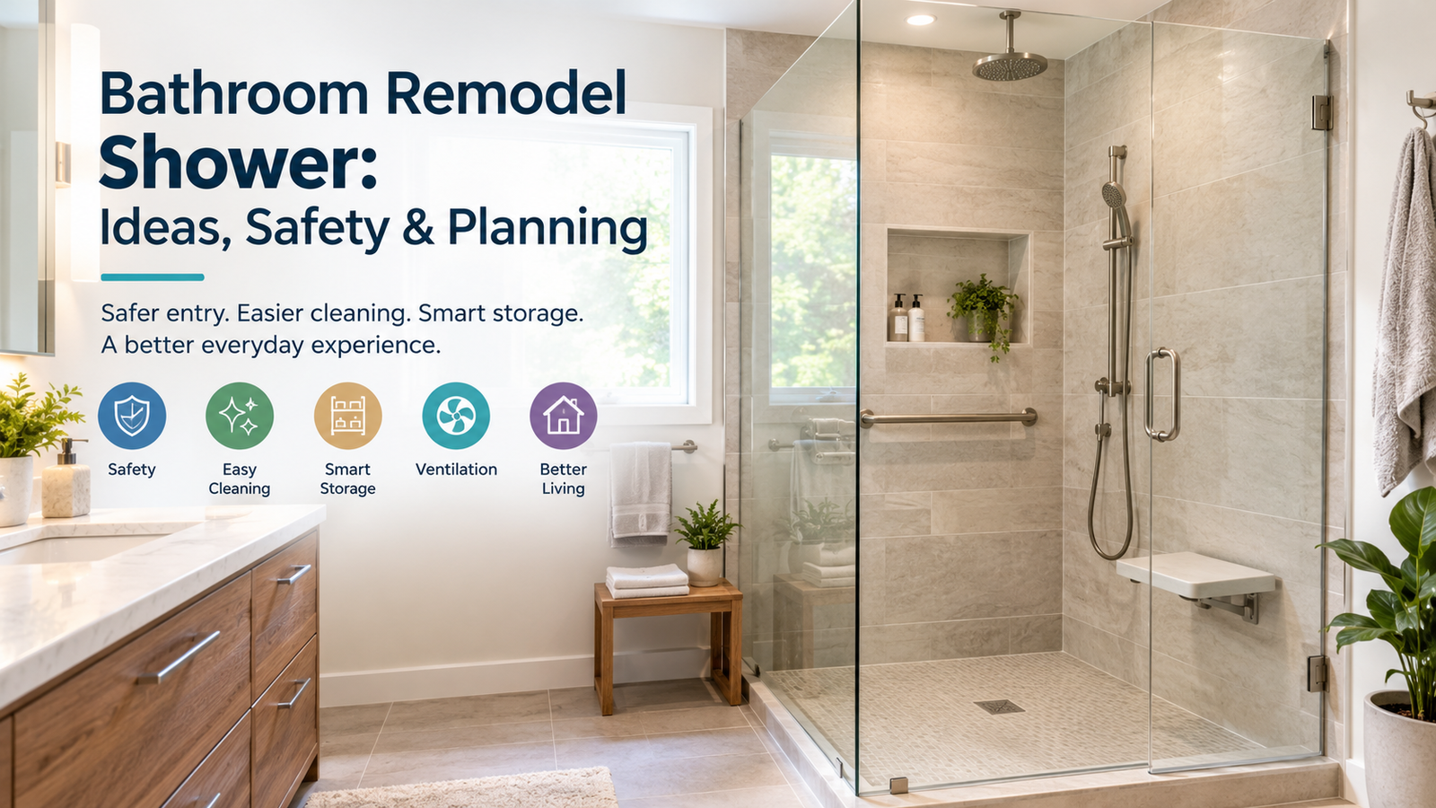 Modern walk-in shower remodel with neutral tiles, glass enclosure, and recessed storage niche.